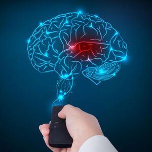remote control pointed at a brain